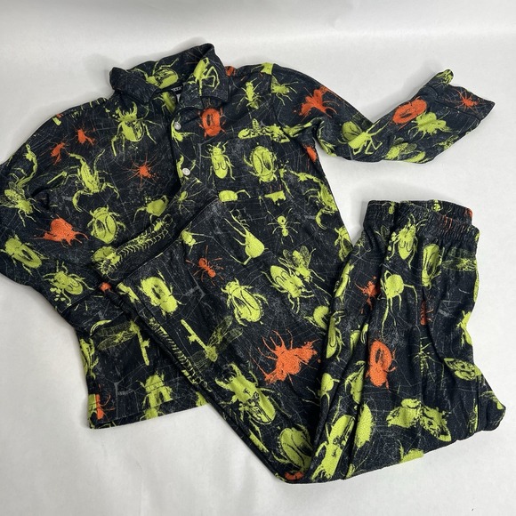 Joe Boxer Pajama Set Boys M 8 Glow In Dark Bugs Flannel Button Down Top Pants - Picture 1 of 6